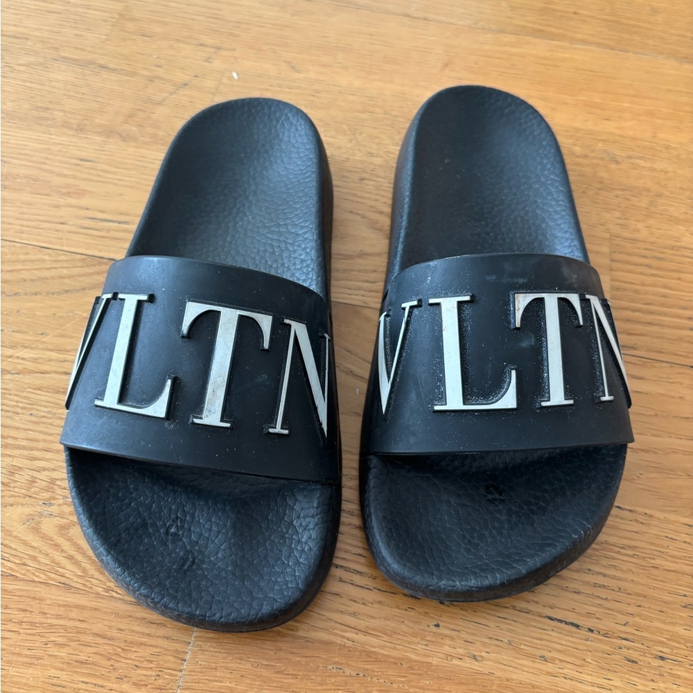 Valentino Black Slides with White VLTN Logo